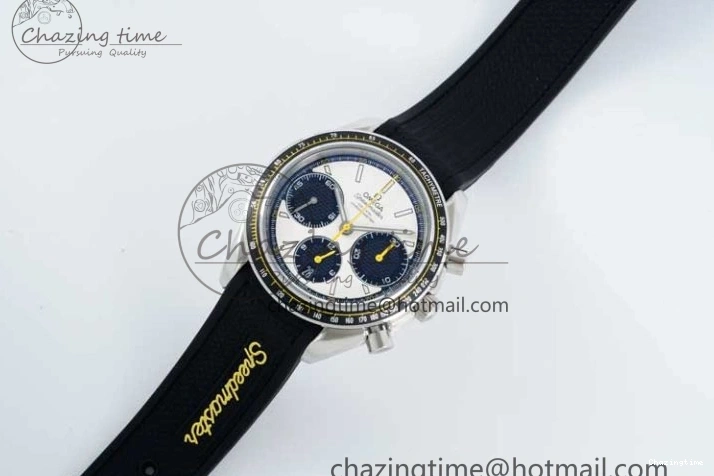 0706 TopPick Speedmaster Racing Master SS HKF Best Edition White Black Dial on Black Rubber Strap A 7813